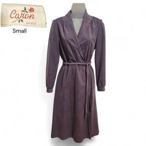 VTG 70s Caron Chicago Purple Wrap Braid Belt Dress Small S Long Sleeve Prairie